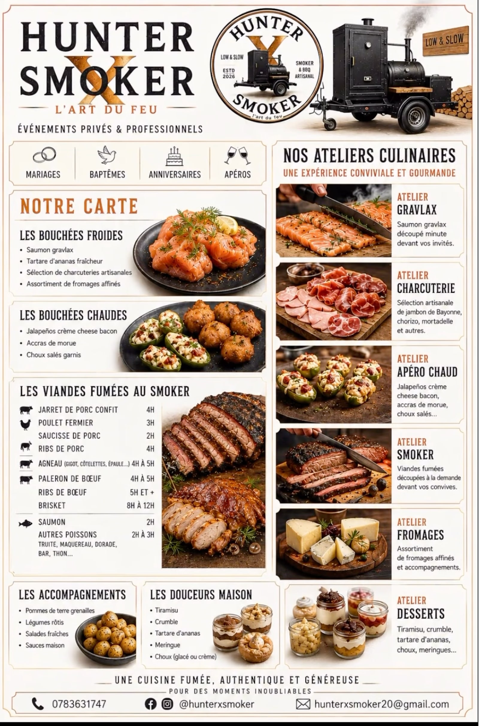 Affiche de la carte Hunter X Smoker : bouchées froides et chaudes, viandes fumées au smoker avec leurs durées, accompagnements, douceurs maison et ateliers culinaires.