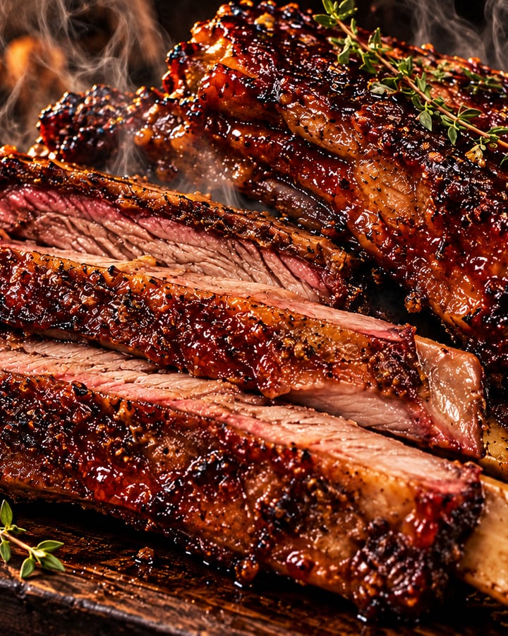 Ribs de bœuf fumés et laqués, empilés sur une planche, chair rosée à la coupe, os apparents, fumée et thym frais.