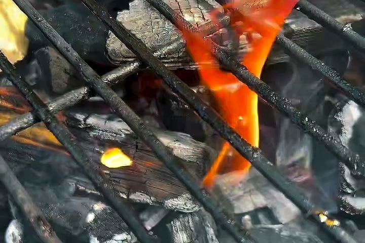 Braises et flamme vive sous les barreaux de la grille.