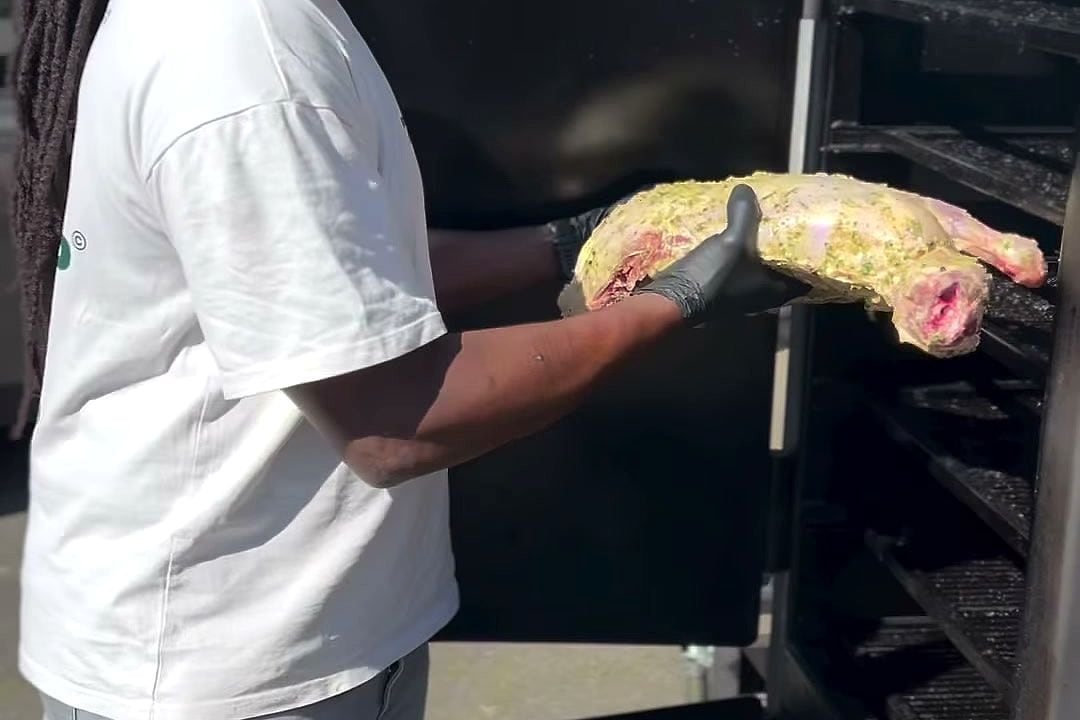 Les mains gantées de Yoann présentant une pièce entière couverte de marinade aux herbes devant le smoker.